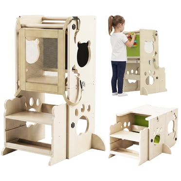 FOOWIN 4-in-1 Toddler Standing Tower, Foldable Toddler Tower with Blackboard, Baseplate, Desk Table and Chair, Step Stool for Toddlers 1-3 Years