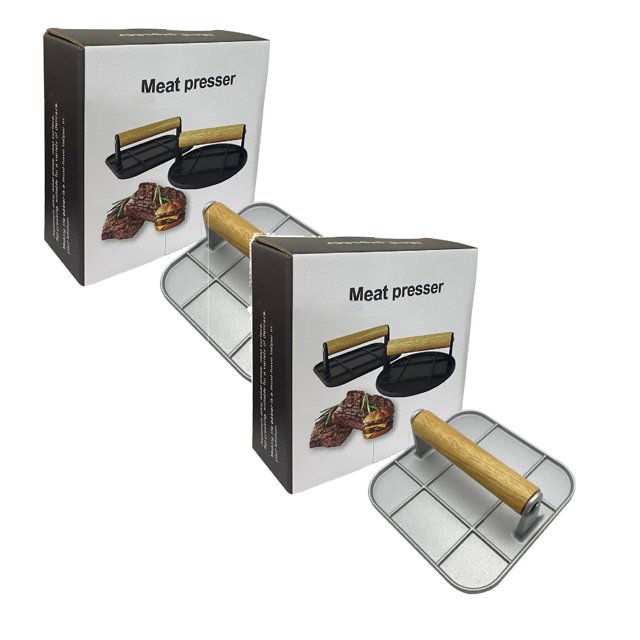 Oleegame 2 Pcs Rouleau de Papier d'Aluminium Humburger 6.3 Po Rond avec Poignée en Bois Résistant à la Chaleur Grill en Métal pour Barbecue Humburger Viande de Sable Steak Accessoire pour Dessus Plat Gr Argent