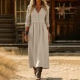 thumbnail image 2 of Pisexur Robes en Coton et Lin pour Femmes Décontractées Unies à Boutons Longues Robes Mode Col en V Manches 3/4 Robe Maxi Fluide pour Quotidien, Travail, Plage P-2TG, Brun, 2 of 9