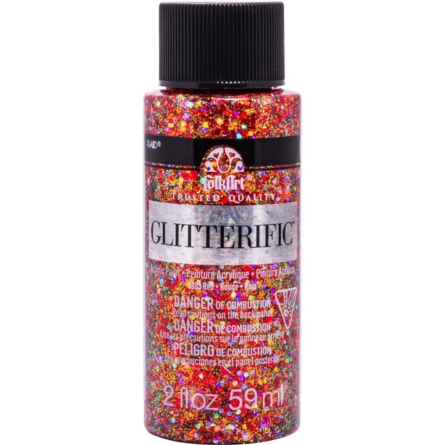FolkArt Glitterific Acrylic Paint in red, 2 fl oz (59 ml) bottle with multicolored glitter particles suspended in a clear acrylic base, ideal for crafts on wood, metal, glass, canvas, and plastic, featuring a black ribbed cap and combustion warning labels.