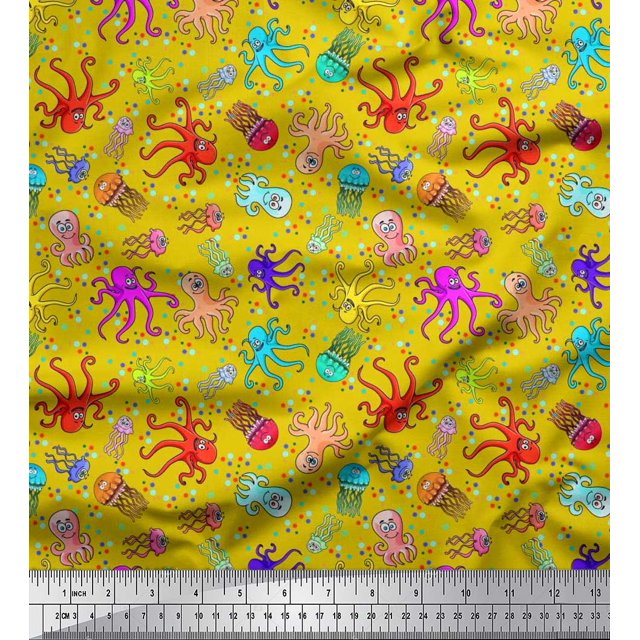 Soimoi Rayon Fabric Dot,Octopus & Jellyfish Ocean Decor Fabric Printed Yard 42 Inch Wide