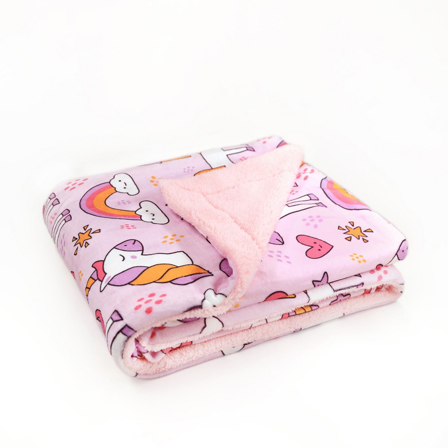 Couverture réversible en flanelle polaire douce et chaude pour enfants, motif licorne et arc-en-ciel avec base rose, 101 x 127 cm