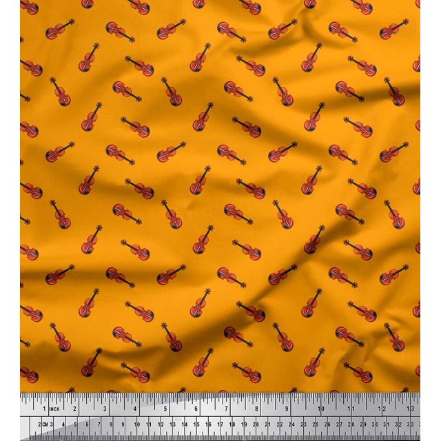 Soimoi Japan Crepe Satin Fabric Guitar Musical Instrument Print Fabric by Yard 42 Inch Wide