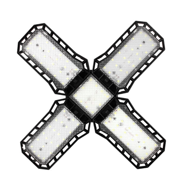 Lumières de Garage à DEL avec Panneaux Réglables Déformables, Dotées d'Un Cadre en ABS Noir et Compatibles avec Douille à Vis E27. Conçue pour l'Éclairage Encastré, la Lumière a une structure Ajourée pour la dissipation de la Chaleur et Offre une Luminosité de 12000 lumens avec une Température de Couleur de 6500K. les Panneaux Se Replient à Plus de 90 Degrés pour une Couverture à 360 Degrés.