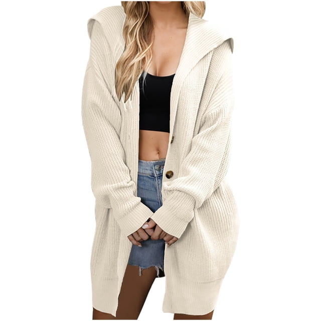 KIHOUT Womens Long Cardigans Long Sleeve Oversized Cable Knitted Open Front Chunky Hooded Outerwear Sweater Coat