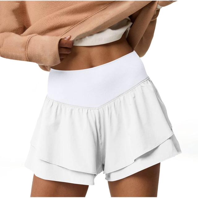 Besolor Womens Athletic Shorts Double Layers Ruffle High Waist Running Workout Tennis Shorts with Build in Shorts