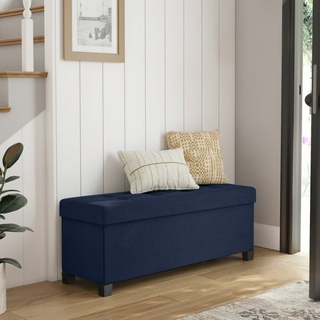 Storage Ottoman Bench with Solid Wood Legs, 15 x 43 x 15.7 Inches, End of Bed Bench, for Living Room, Bedroom, Entryway, Dark Blue