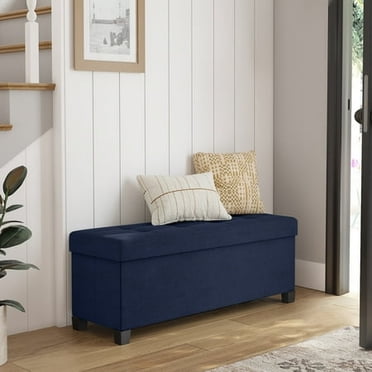 Banc Ottoman de Rangement avec Pattes en Bois Massif, 15 x 43 x 15,7 Pouces, Banc de Bout de Lit, pour Salon, Chambre, Entrée, Bleu Foncé