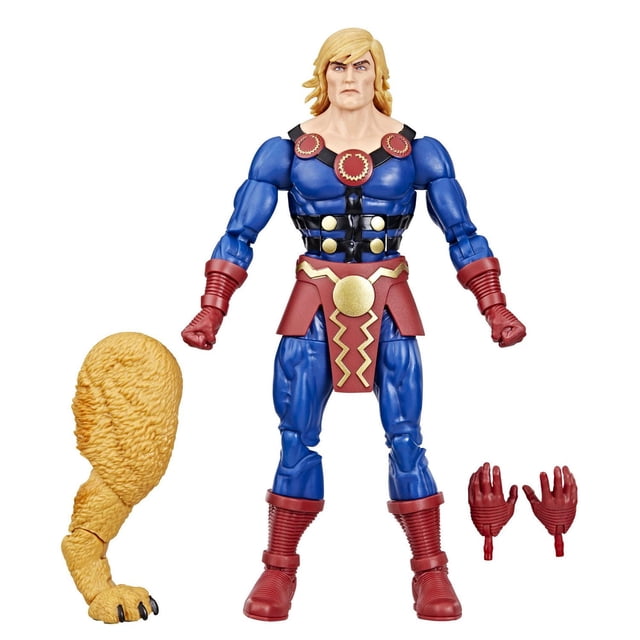 Marvel Legends Series Ikaris 6-inch action figure in blue and red costume with gold accents, featuring over 20 points of articulation and poseable limbs, includes two alternate red hands and a yellow furry leg piece from Marvel's Zabu Build-A-Figure set, displayed on a white background.