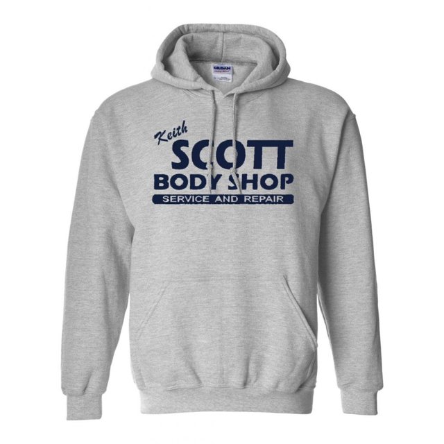 Keith Scott Body Shop Sweatshirt Hoodie in large size, gray with navy text, featuring a front pocket and drawstring hood. Made by City Shirts, perfect for fans of TV novelty wear and funny fan apparel.