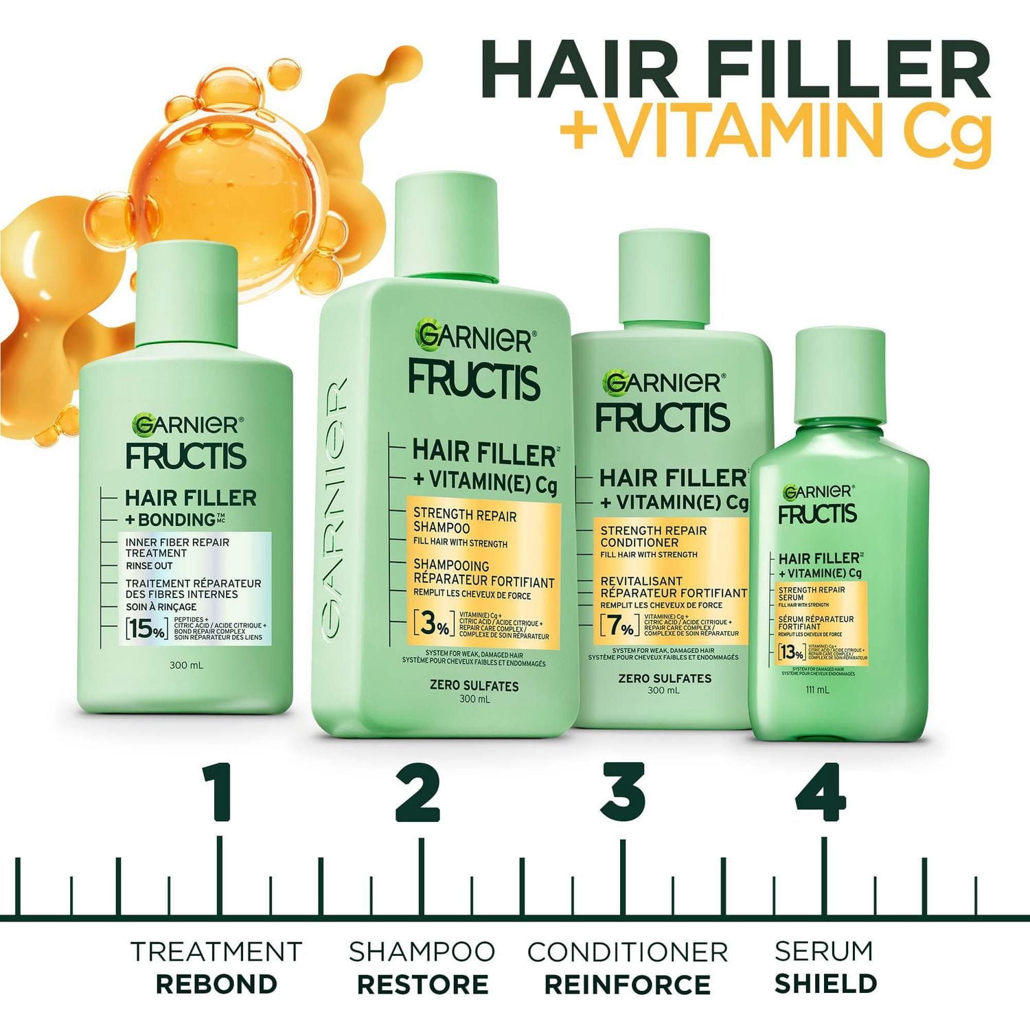 Garnier Fructis Hair Filler + Vitamine C Shampooing Réparateur Fortifiant Sans Sulfates, pour Cheveux Faibles et Abîmés, jusqu'à la Casse & 79 % de Force en Plus