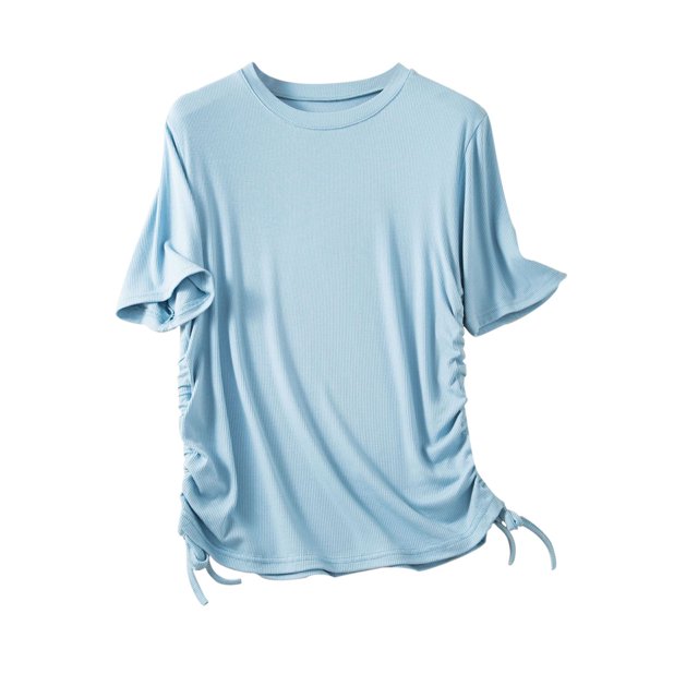 Birdeem Womens Solid Round Neck Threaded Cotton Slim Fitting Drawstring Top Short Sleeved Round Neck Top/Shirt