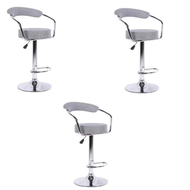 Heavenly Collection Adjustable Stool with stainless steel base set of 3, featuring grey fabric round seats and curved backrests, adjustable height from 33 to 41 inches, chrome pedestal bases with footrests, suitable for kitchen counters, home bars, or extra seating in living areas.