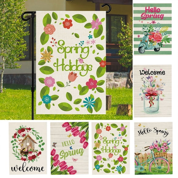 Aofa Bonjour Printemps Drapeau de Jardin, Drapeau de Jardin Floral de Printemps Vertical Double Face pour Cour, Décoration de Printemps Été en Toile de Jute de Qualité Supérieure, Drapeau Décoratif pour Patio Extérieur Intérieur