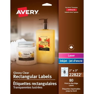 Avery Glossy Clear Rectangle Labels, 2" x 3", for Laser and Inkjet Printers - 22822