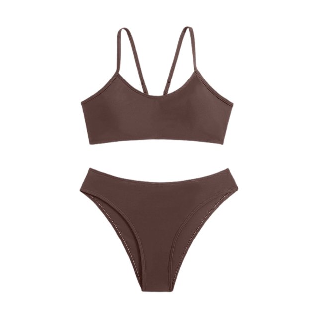 Womens Swimsuits Summer Beach Solid Color Backless Bikini Split Set Coffee Women's Swimwear L