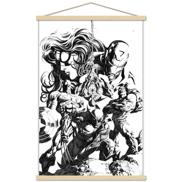 Marvel Croquis - Affiche Murale de Groupe, 14,725 Po x 22,375 Po Encadrée, Présentant un Croquis au Crayon Noir et Blanc de Superhéros Marvel Incluant Spider-Man Suspendu à l'Envers d'Une Toile au Centre, Wolverine Accroupi avec des Griffes Allongées en Dessous, Iron Man à Droite, Captain America Tenant Son Bouclier à Gauche, et un Grand Personnage Féminin aux Cheveux Fluides en Arrière-Plan, le Tout Détaillé avec des Ombres Complexes sur un Fond Blanc,