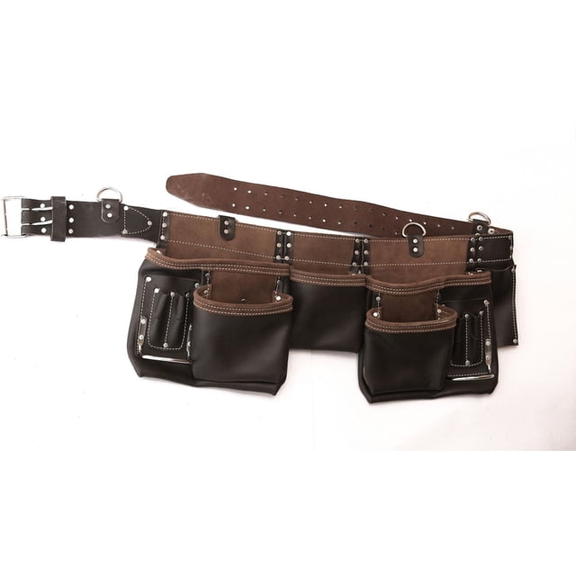 MECHTOOLS THE MASTER CARPENTER'S APRON WITH LARGE POCKETS made from premium water-resistant top grain oil-tanned leather, featuring a brown Veg-Tan harness quality belt with a strong double roller buckle. It has 12 pockets including reversed main pockets for easy access, double wall pencil holders, two nickel-plated rust-resistant hammer loops, and rust-resistant capped rivets. Fits waist sizes 36 to 54 inches and is suitable for organizing tools efficiently on job sites.