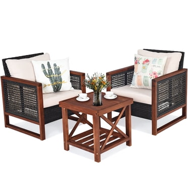 Patiojoy Ensemble Bistro de Patio en Rotin Osier 3 Pcs Cadre en Bois d'Acacia Sofa et Table d'Appoint