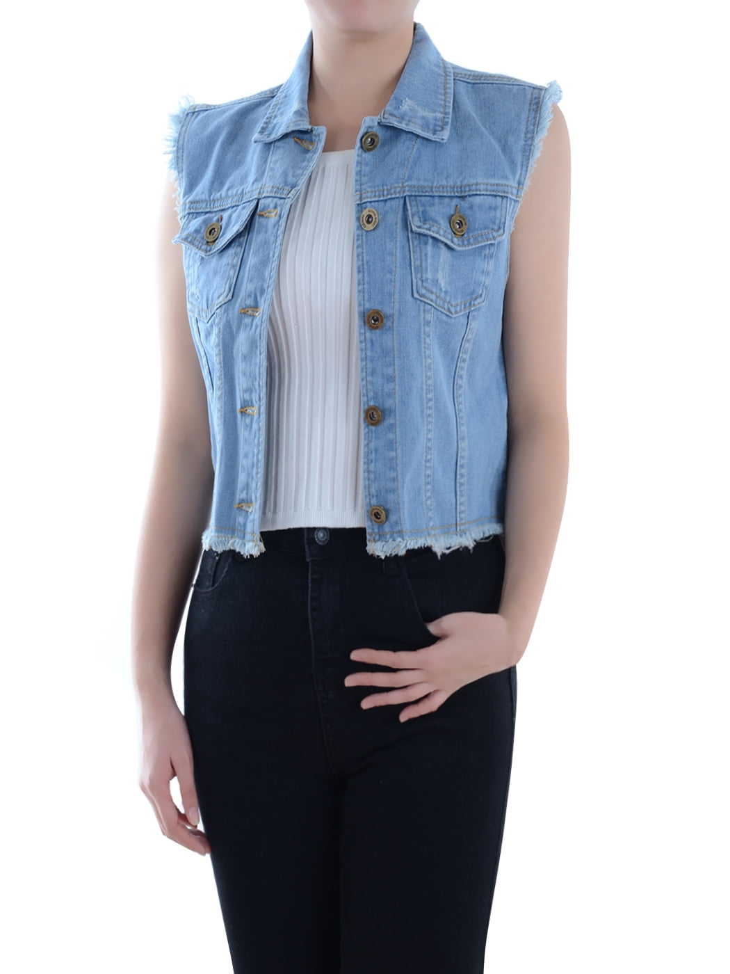 Womens Distressed Denim Button Up Sleeveless Crop Vest, Blue, X-Large