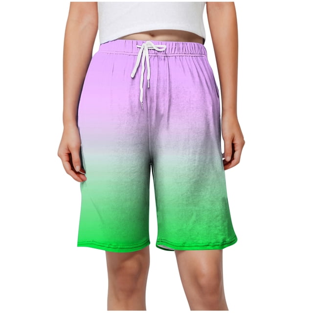 Plebaso Womens Casual Shorts Knee Length Drawstring Shorts Gradient Color Summer Wide Leg Shorts S-5XL