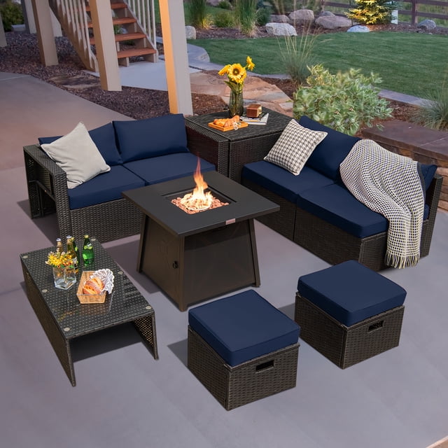 Costway 9PCS Patio Rattan Furniture Set Fire Pit Space-saving W/Cover Navy Cushion