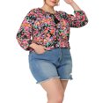 thumbnail image 3 of GRACE & GRANDEUR Blouse Colorée à Fleurs pour Femme Grande Taille, Col à Nouer, Manches 3/4, Noir 4X, 3 of 5