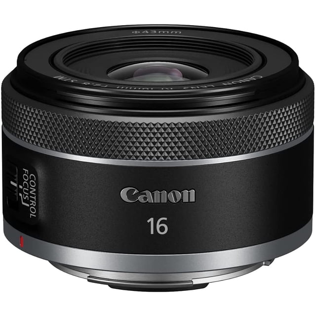Canon RF16mm F2.8 STM digital camera lens with a compact, lightweight design in black and silver. Features include a textured focus ring, stepping motor for smooth autofocus, and a fixed f/2.8 aperture for bright, ultra-wide-angle shots. Perfect for EOS R series cameras, vlogging, ultra-wide photography, and close-up shots with a minimum focusing distance of 5.11 inches.