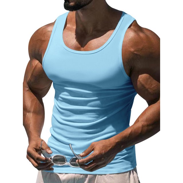 Innerwin Muscle Shirts Scoop Neck Mens Summer Tops Sport Solid Color Lightweight Tank Light Blue M