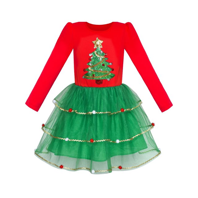 Robe Fille Sapin de Noël Manches Longues Robe de Fête du Nouvel An 10 Ans