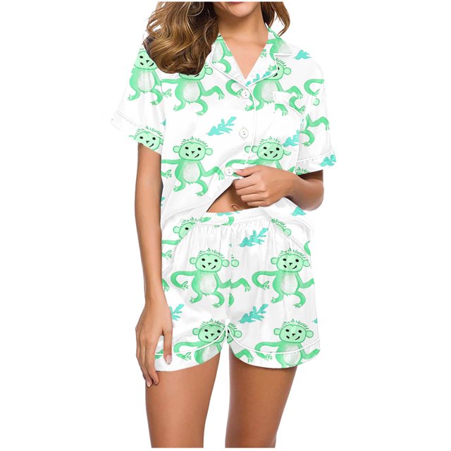 Jamicy Pyjama Mignon Femme Mode Décontractée Imprimé T-Shirt à Manches Courtes à Col à Revers avec Short Ample Confortable Ensemble de Pyjama pour la Maison