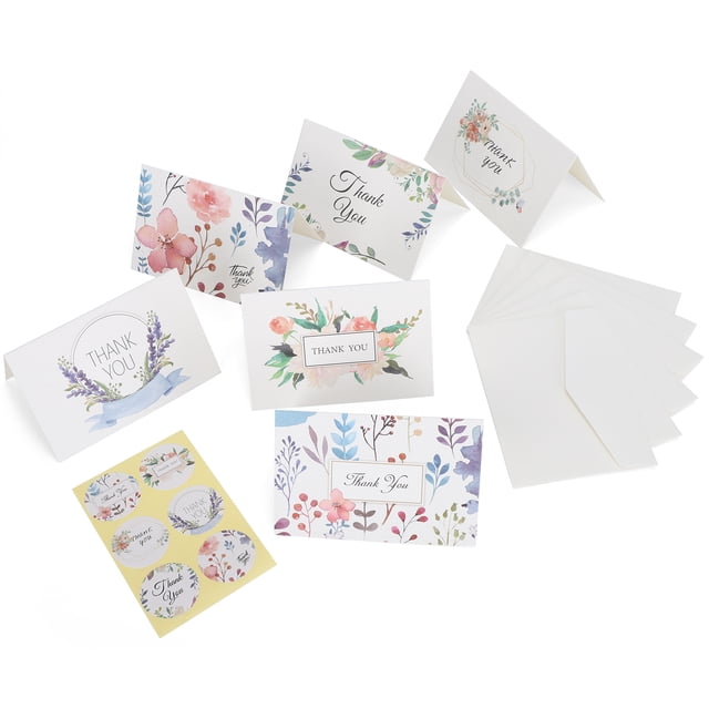 Gift Cards, 24Pcs Greeting Cards set featuring blank cards with floral and thank-you designs. Includes 24 cards, 24 white envelopes, and 4 sticker sheets. Cards are made of thick cardstock, measuring approximately 7 x 10.5 cm (2.8 x 4.1 in), suitable for writing with any pen. Ideal for birthdays, thank-you notes, and personalized messages.