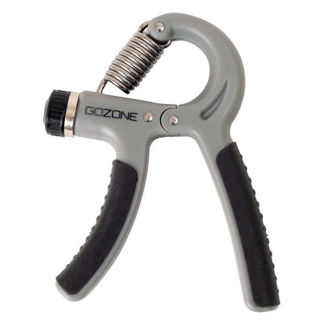 GoZone Adjustable Hand Grip in grey and black with ergonomic non-slip rubber handles, a visible steel spring, and an adjustable dial providing 20lb to 90lb resistance, shown front-facing on a white background, ideal for grip strength training and physical therapy.