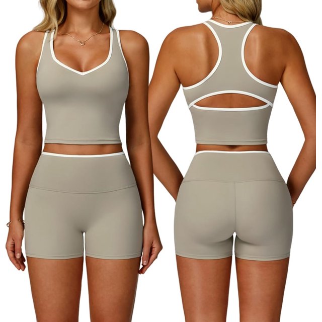 PISONIC Women Two Piece Workout Sets Color Block Backless Tank Top and High Waist Booty Lifting Shorts Gym Yoga Active Outfits