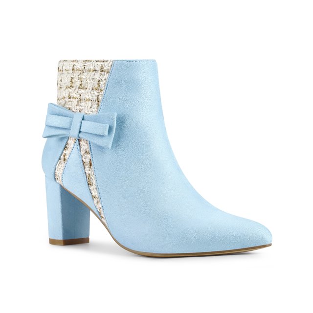 BLISSFUL STEP Women's Pointed Toe Plaid Block Heels Ankle Boots Sky Blue 9