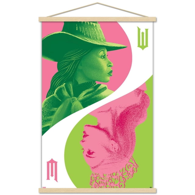 Wicked - Reflection Wall Poster with Push Pins, 22.375" x 34", featuring a split design with a green witch wearing a pointed hat and cloak on a pink background, and a pink queen with an ornate crown on a green background, separated by a white curved line, printed on glossy poster paper with included adhesive mounts and wooden hanger bars.