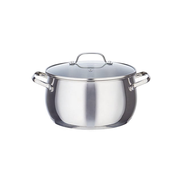 Mainstays Acier Inoxydable Dutch Oven avec Couvercle en Verre Montré Orienté vers l'Avant, Fabriqué en Acier Inoxydable Collé aux Impacts avec une Capacité de 5 Pintes, Doté de Deux Poignées en Acier Inoxydable Massif et d'Un Couvercle en Verre Trempé avec un Trou pour Évent de Vapeur, Compatible induction et Va au Lave-Vaisselle, Idéal pour les Repas à une Casserole et les Plats Lents.