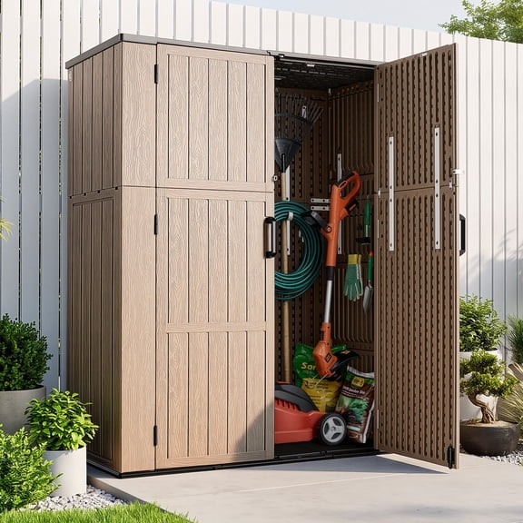 VEVOR Outdoor Storage Shed 59 Cu Ft Vertical Resin Storage Cabinet Brown, for Garage, Backyard Patio Accessories and Garden Tools, Waterproof Outside Lawn Mower Shed with Lockable Doors and Floor