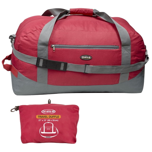 North 49 Travel Duffle - 75 L in red and grey rugged Polytec fabric with large main compartment, front zip pocket, adjustable/removable shoulder strap, top and side grab handles, shown with compact packed pouch with hanging loop and biner clip, measuring 27 by 13 inches, ideal for travel and avoiding overweight baggage fees.