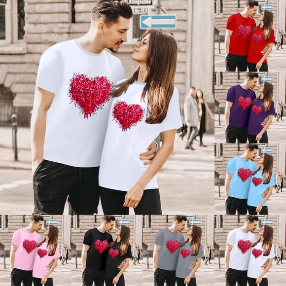 Short Sleeve Shirts For Couples Matching Valentine's Heart Print Lightweight Thin Casual Crew Neck T Shirt Comfortable Comfy Soft His And Her Basic Tee Vacation Clothes Purple S