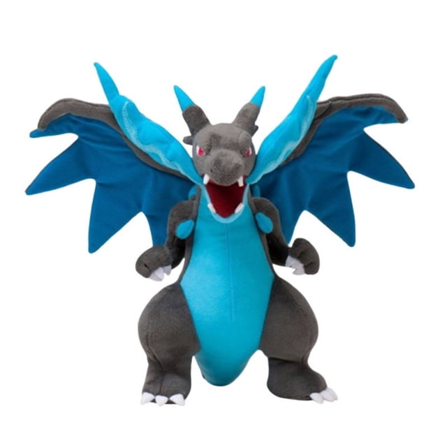 10-inch Charizard doll stuffed soft toy by Tiny Land, featuring a plush design with a grey body, blue wings, and red accents. This brand-new plush toy is ideal as a gift for kids and measures approximately 23 cm in height. Suitable for cuddling or display.