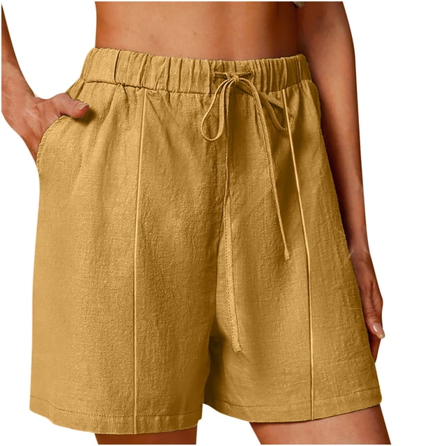 Plebaso Cotton Linen Shorts Womens Casual Shorts with Pockets Summer Drawstring Plain Loose Beach Shorts