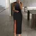 thumbnail image 2 of Robes Noires pour Femmes Couleur Unie Sans Manches Robe Douce Grande Taille Col Rond Coupe Ajustée Tendance Cocktail Formelle Robe de Bal Maxi Mode Élégante Portefeuille Fendue Blouse Froncée Ourlet Droit Robe,S, 2 of 7