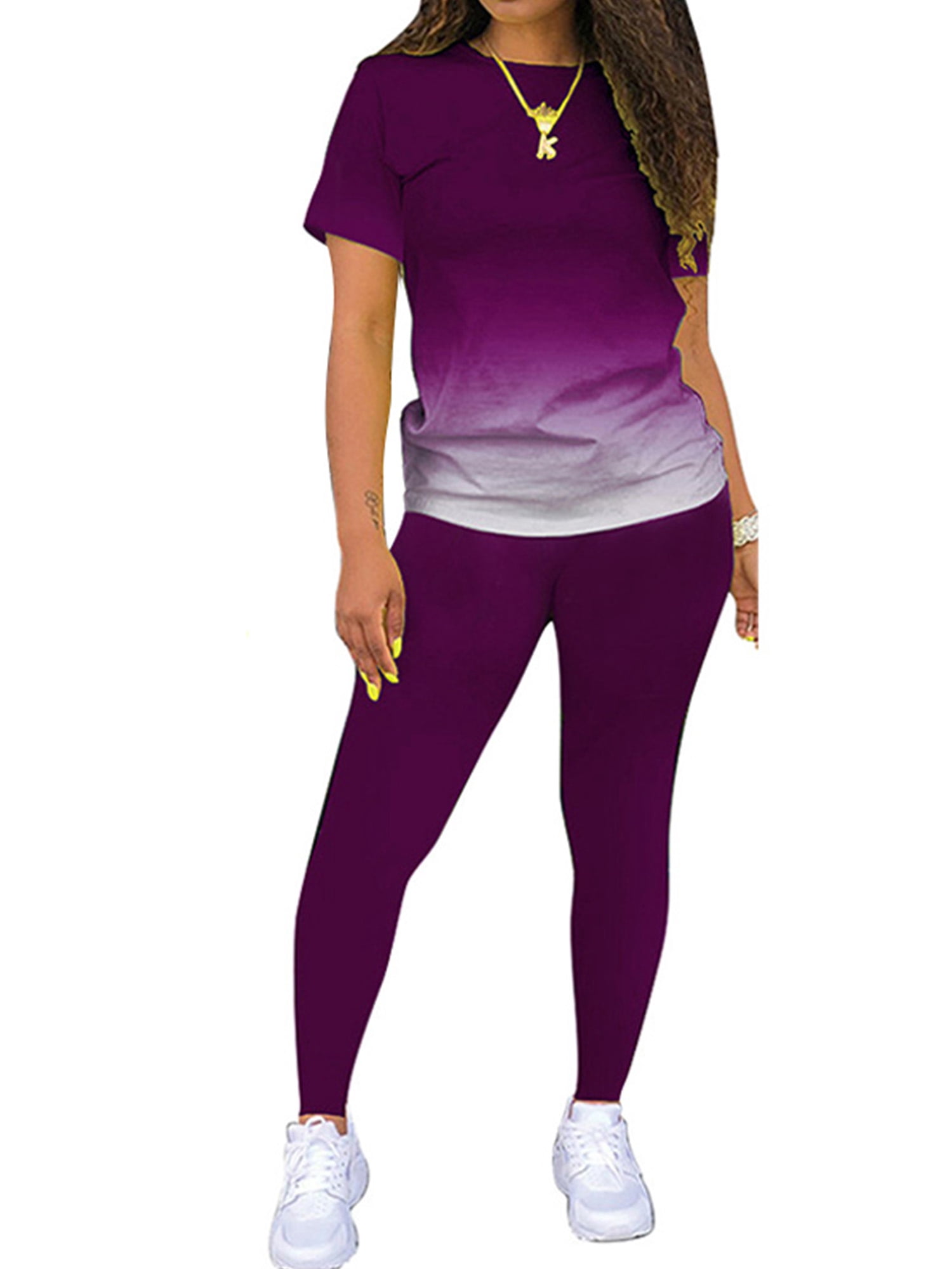 MAWCLOS Women Jogger Set Short Sleeve Sweatsuits Gradient Two Piece Outfit Boho Running Crew Neck Lounge Sets Purple L