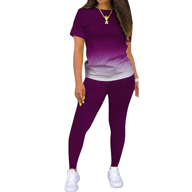 MAWCLOS Women Jogger Set Short Sleeve Sweatsuits Gradient Two Piece Outfit Boho Running Crew Neck Lounge Sets Purple 2XL