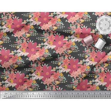 Soimoi Gray polyester Crepe Fabric Artistic Leaf & Floral Printed Craft Fabric by the Yard 52 Inch Wide