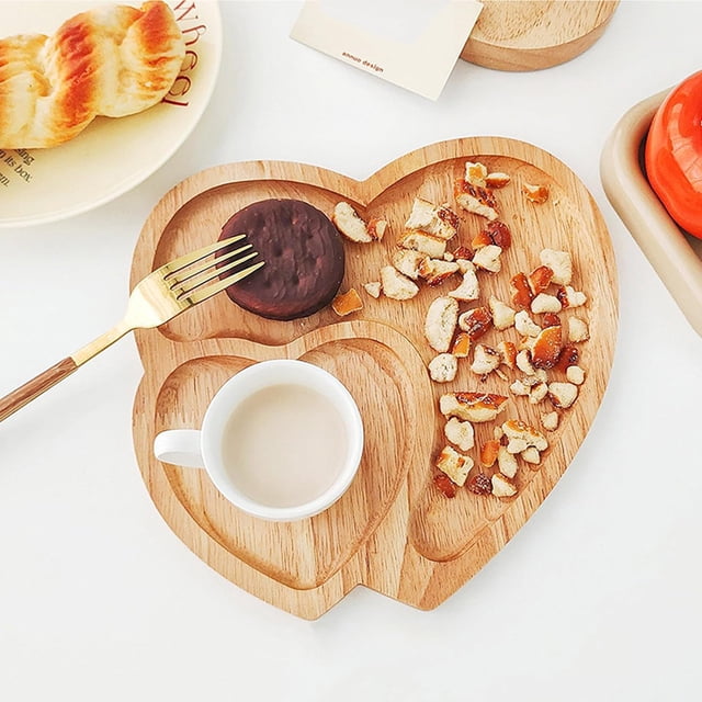 TopLLC Kitchen Gadgets, Kitchen Accessories, Kitchen Utensils, Kitchen Tool Heart Shaped Solid Wood Tray Double Fruit Tray Partitioned Solid Wood Tray Heart Shaped Solid Tray