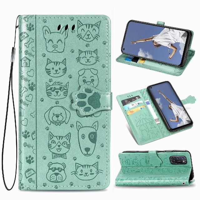 Étui à Rabat pour FOXDOCK OPPO A52 / A72 / A92, Étui à Rabat en Cuir PU Gaufré Chat et Chien avec Fentes pour Cartes, Support