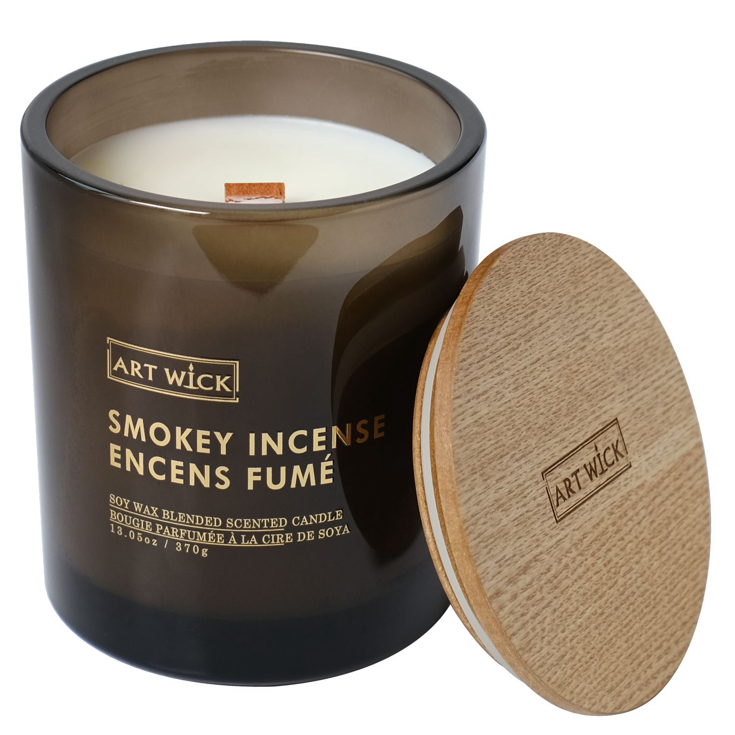 Art Wick 13.05oz Smokey Incense Cire de soja mélangée bougie parfumée, 1 mèche de bois
