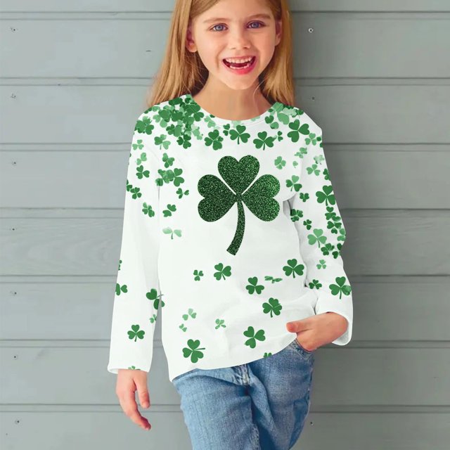 LWFFDAW T-Shirts pour Filles Enfants Fête de la Saint-Patrick Manches Longues Col Rond Chandail Tops Paillettes Trèfle Graphiques Quatre Feuilles T-Shirts Irlandais Chanceux Taille 5 Ans Vert